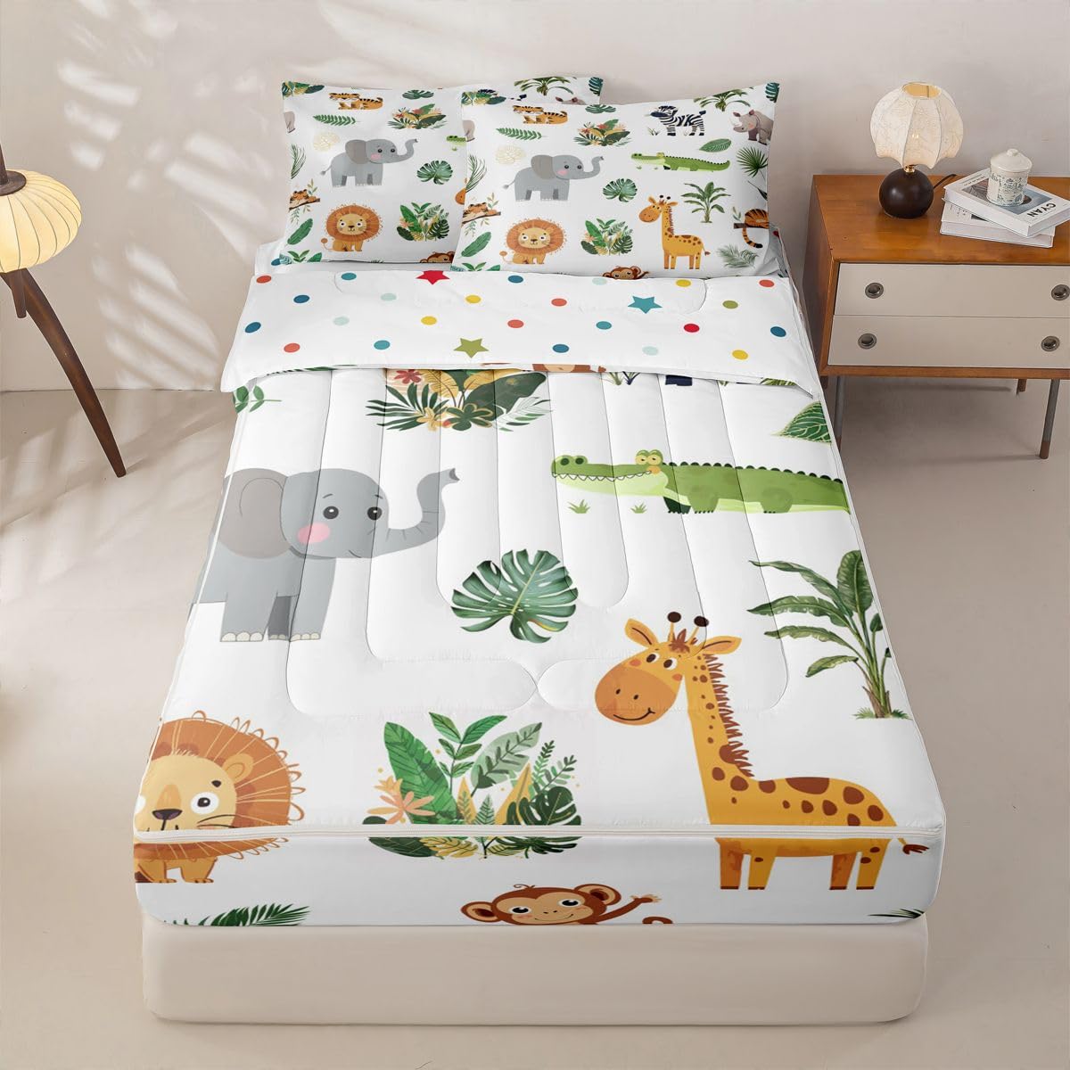 Erosebridal Wild Animals Zip Up Bedding Set Twin Safari Animals Zipper Comforter Set with Sheets Boys Girls Cute Crocodile Lion Bed in a Bag Cartoon Elephant Giraffe Tropical Bed Sets