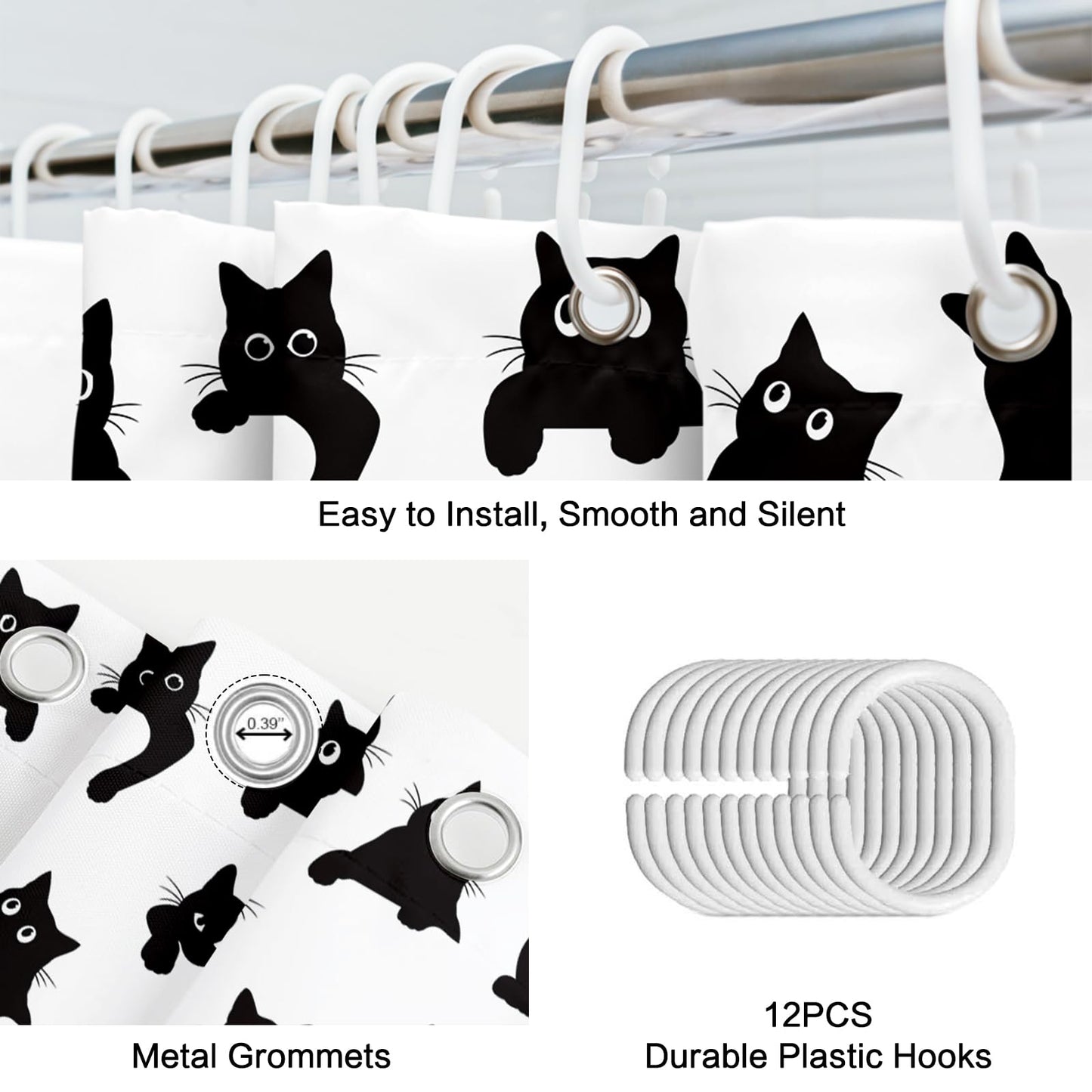 APROPHIC Cute Cat Shower Curtain 72x72 Inches, Funny Black Kitten Pattern Waterproof Polyester Bathroom Decor for Bathtub, Machine Washable Privacy Curtain for Bathroom, Bedroom with 12 Hooks