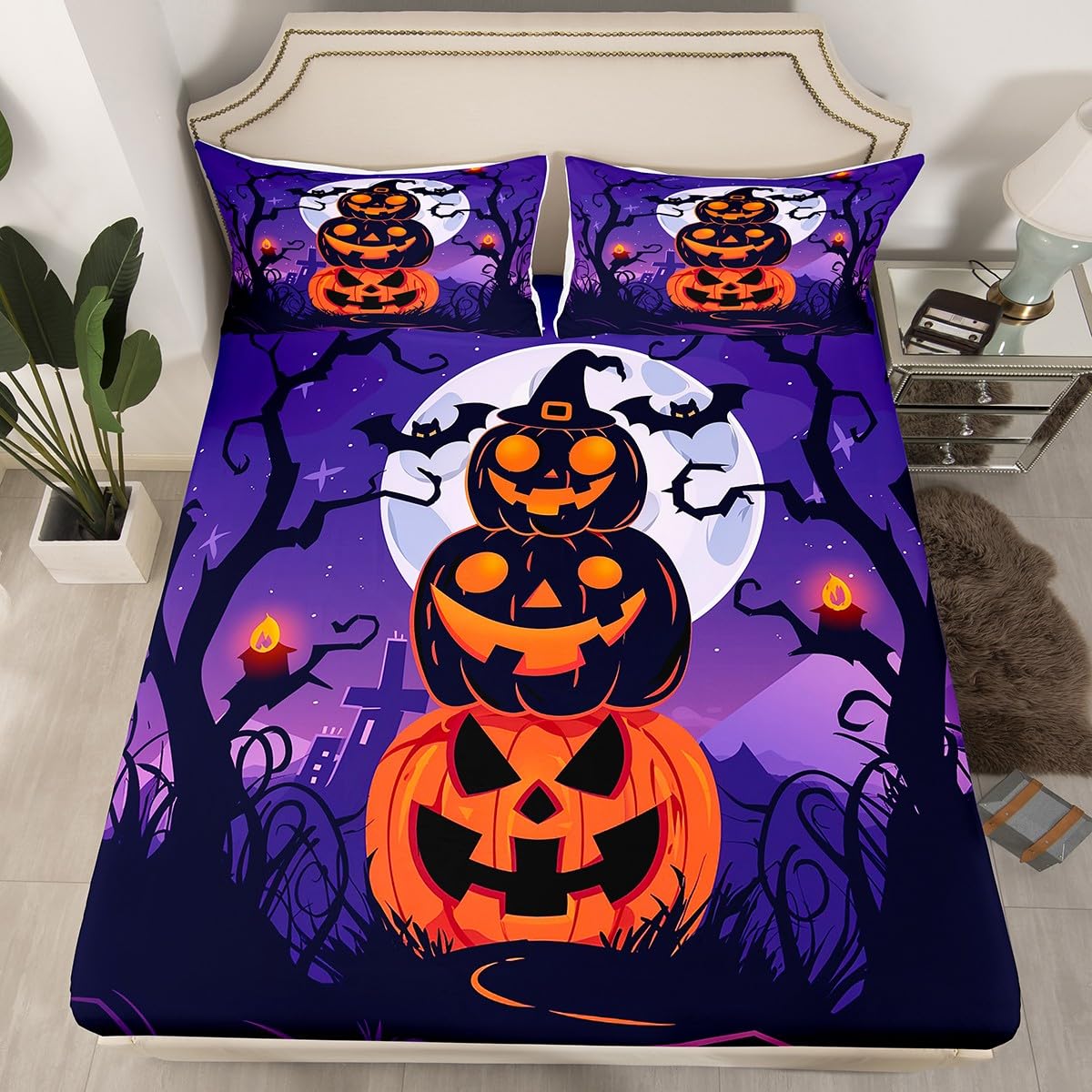 jejeloiu Halloween Decor Bed Sheets Set Twin Size Pumpkins Bed Set for Kids Boys Girls Bats Deep Pocket Fitted Sheet Dead Tree Breathable Soft Lightweight Microfiber