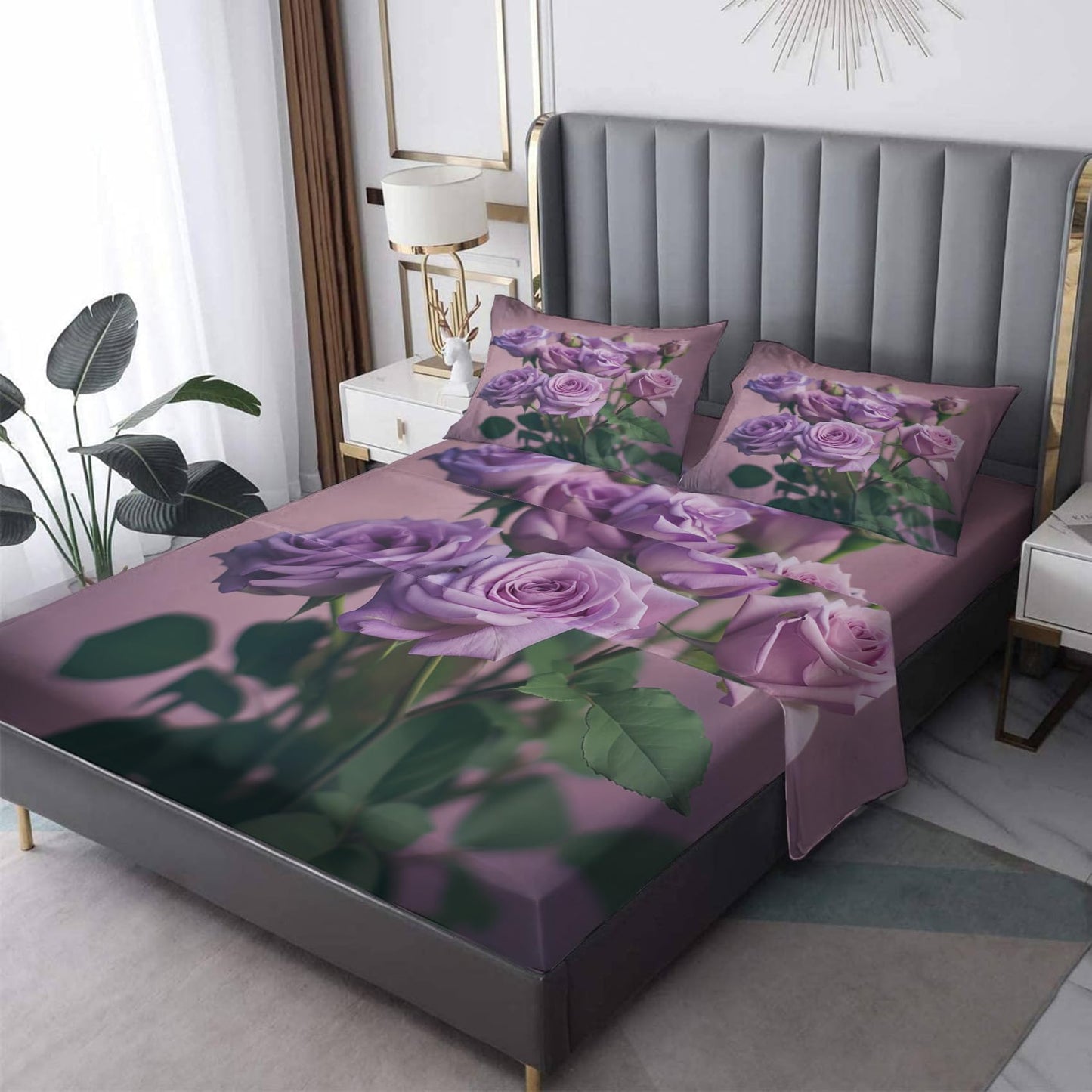 NOGAWA Purple Rose Sheets Queen Size, Floral Flower Bed Sheets, Patterned Bedding Sheets & Pillowcases 4 Piece Set - Soft Microfiber Deep Pocket Fitted Sheet & Flat Sheet & 2 Pillow Cases