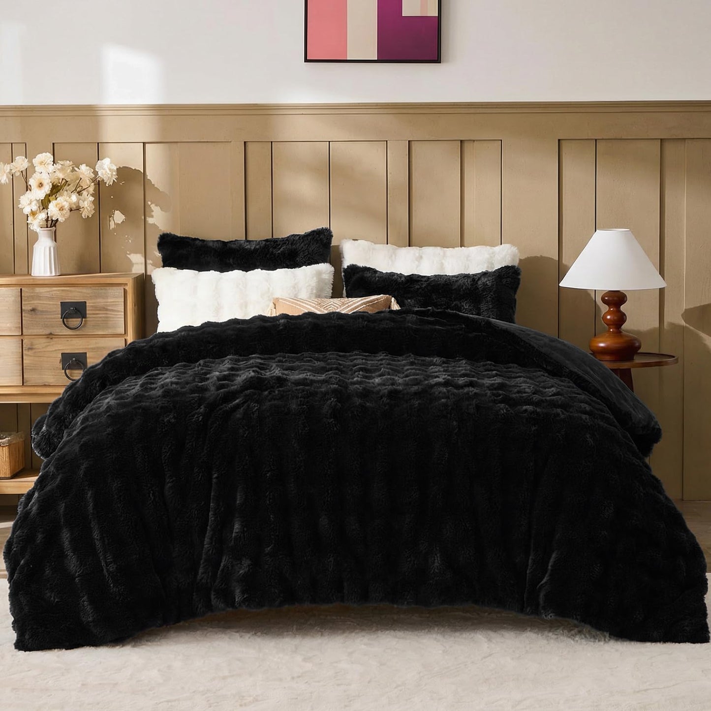 Lotus Karen Faux Fur Comforter Set Queen – Black Fluffy Big Bubble Faux Rabbit Fur Winter Comforter Sets, Warm Cozy Fuzzy Bed Set 3 Pieces, 1 Comforter and 2 Pillowcases