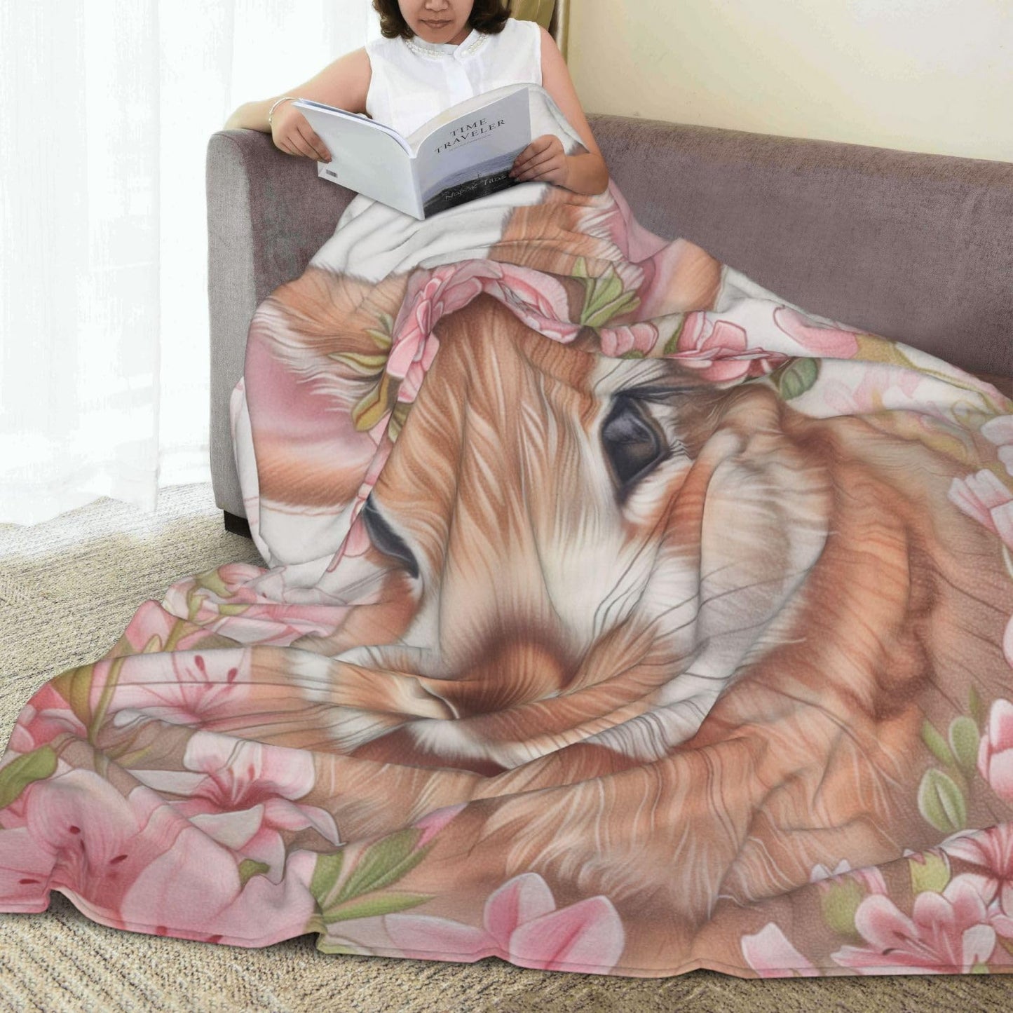 Flannel Rabbit Blankets Gifts - Pink Flower Bunny Throw Blanket for Girls Kids, Sofa Couch Bed Living Room, Soft Warm Cozy Decor, 60" x 50"