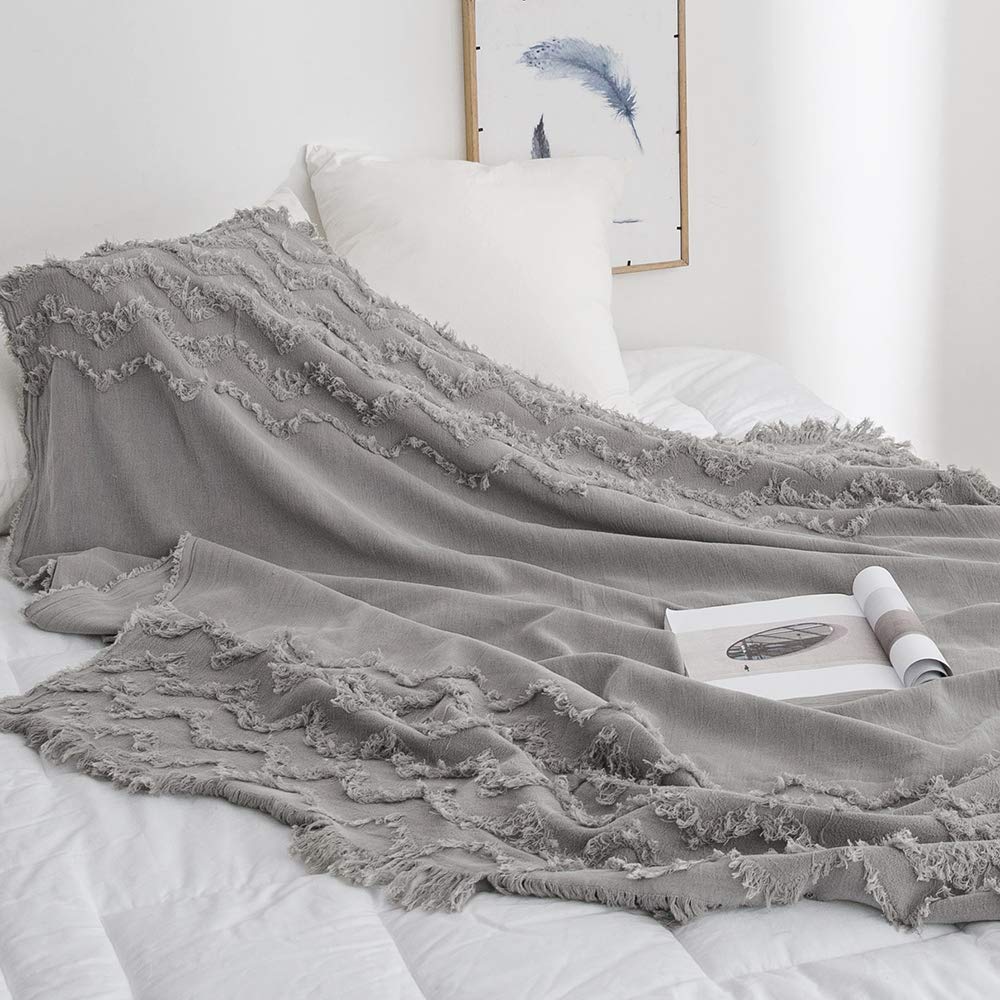 Simple&Opulence 100% Cotton Throw Blanket for Bed, Couch, Tufted Zigzag Knit Woven Boho Blanket with Tassels Soft Lightweight Breathable Cozy Blanket Farmhouse Decoration for All-Season(Grey)
