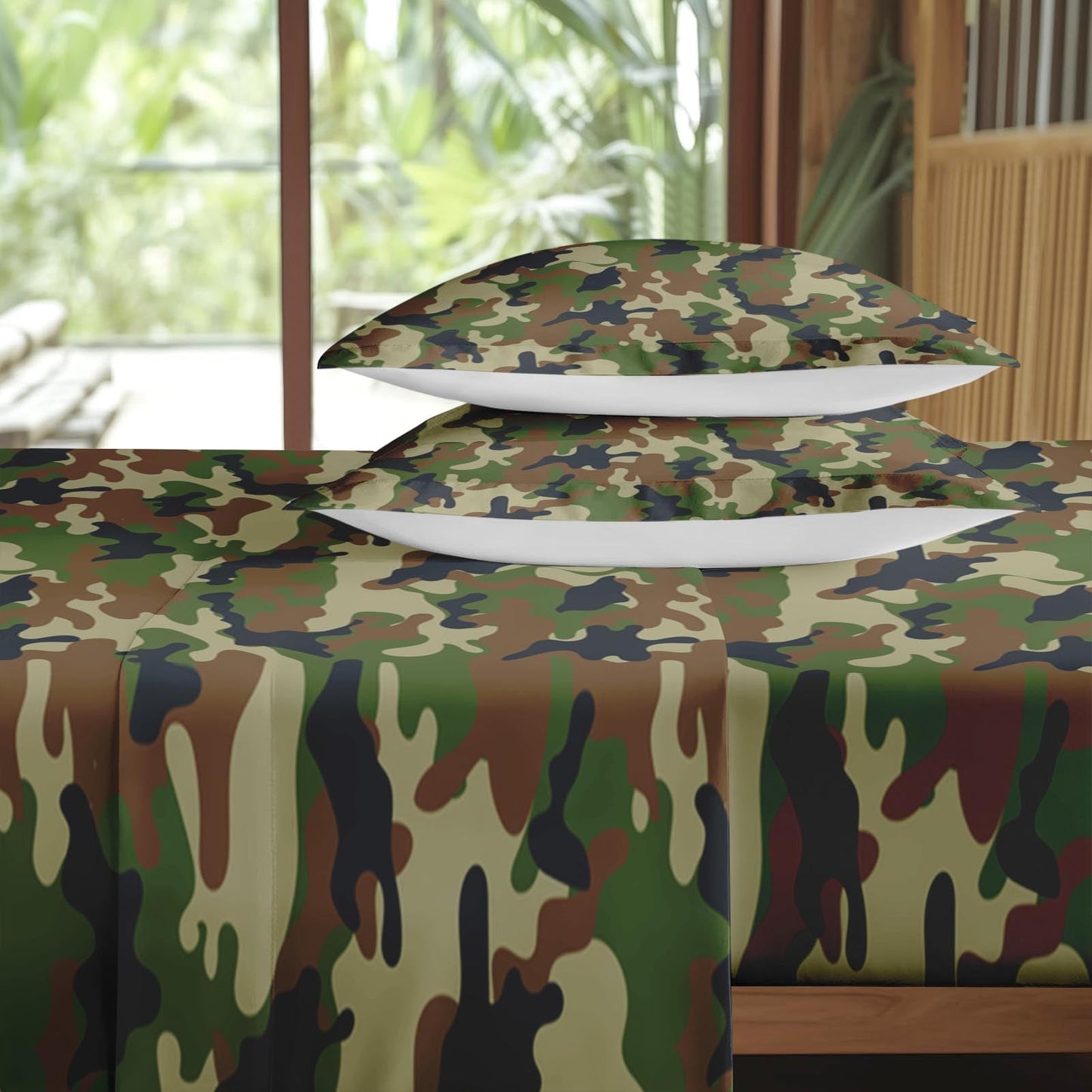 Pamnest Full Size Bed Sheet Sets, Camouflage Army Military Soft Microfiber 4 Pcs Bedding Sets for Kids and Adults Bedroom Bed Decor, Woodland Green Brown Camo Flat, Fitted Sheet and 2 Pillowcases
