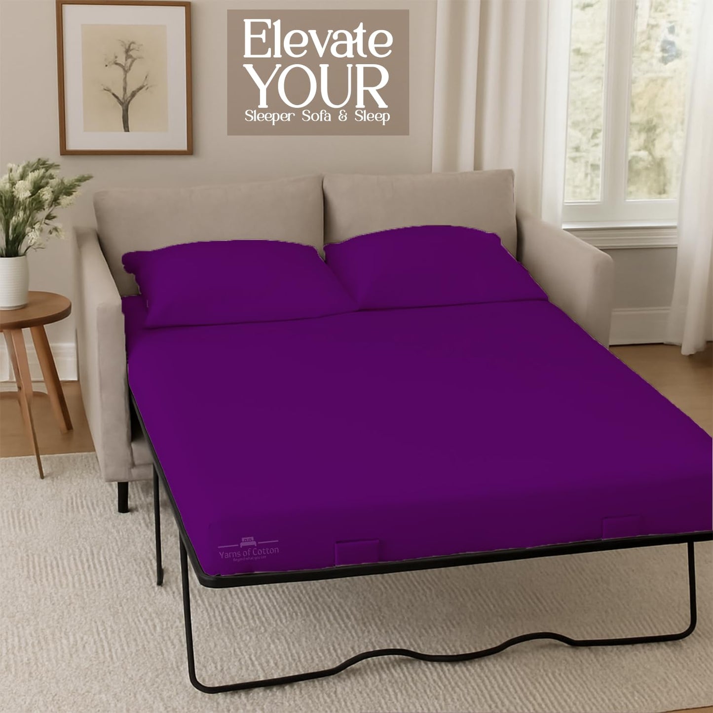 Sleeper Sofa Bed Sheet, 100% Cotton 400 Thread Count, 4 Piece Set, Deep Pocket Fitted Sheet, Soft Wrinkle Free & Breathable, Luxury Hotel Quality, Fits Up to 6 Inch Mattress (Full, Purple)