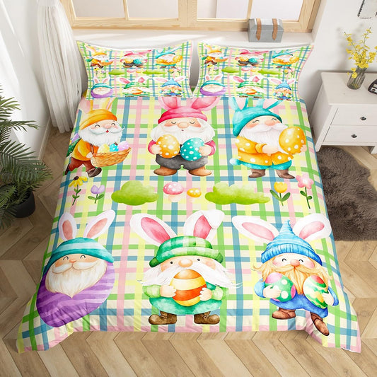 Easter Gnome Duvet Cover Cartoon Dwarf Cute Bedding Set Easter Eggs Easter Decor,Watercolor Lattice Buffalo Plaid Checkered Comforter Cover Queen,Kawaii Room Decor Easter Gifts for Toddlers
