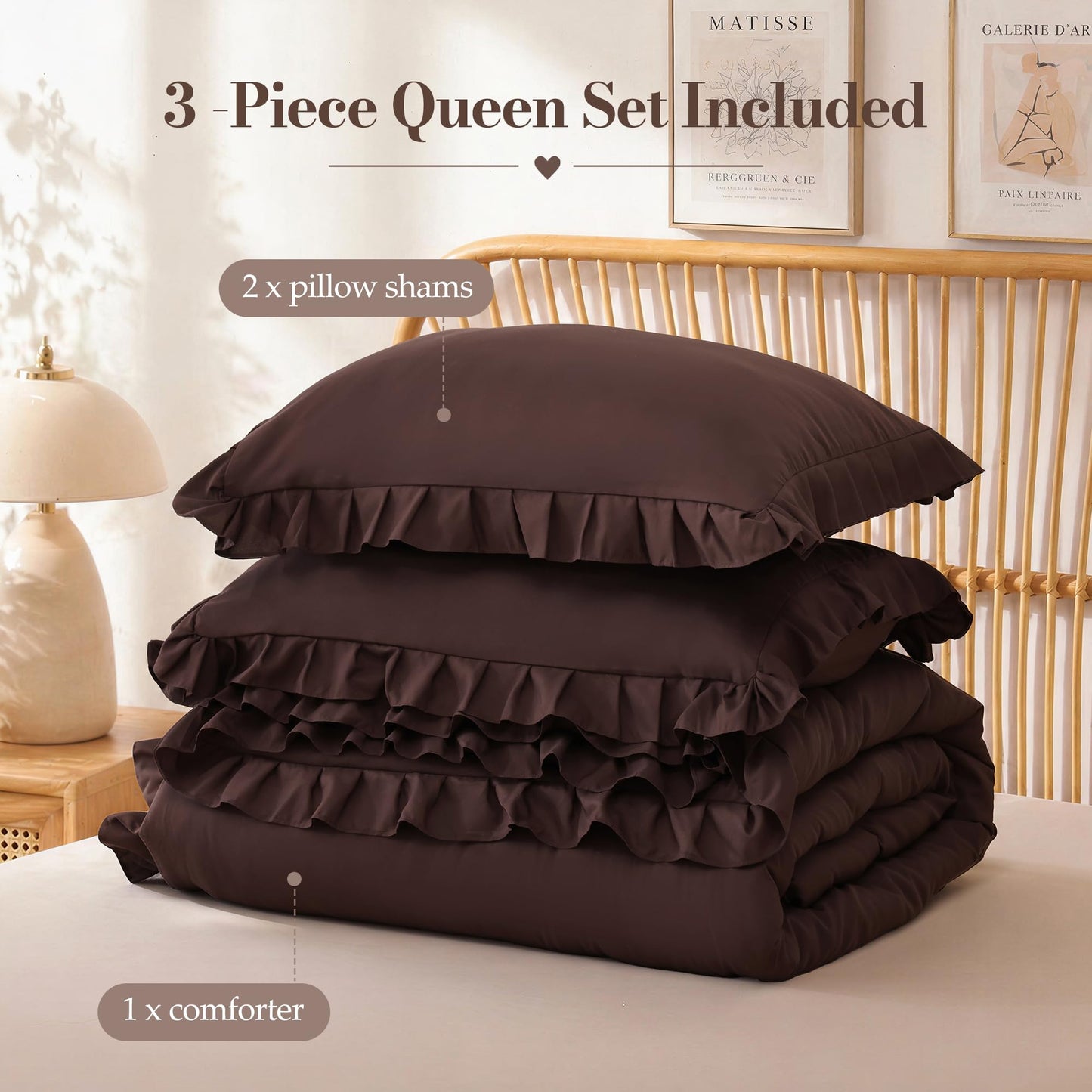 JANZAA Brown Comforter Set Queen – Soft Microfiber, Lightweight All Season Bedding, Ruffle Shabby Chic Aesthetic, Breathable Cozy Bed Set with 2 Pillow Shams, Machine Washable