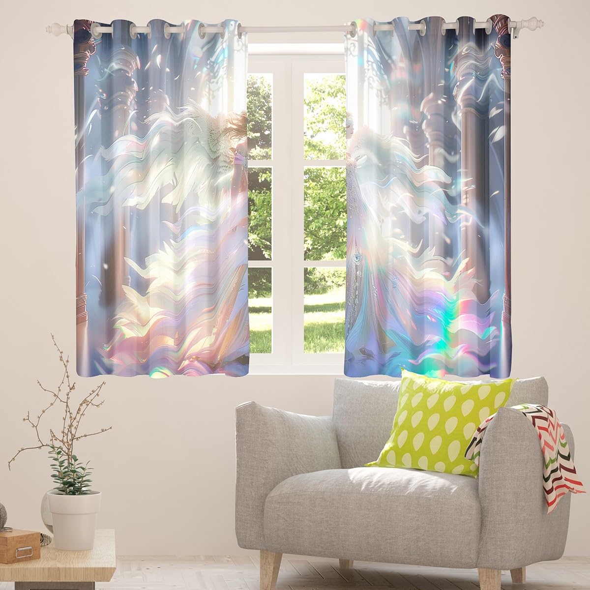 Erosebridal Girls Angel Blackout Curtains 2 Panels,38"x45",Angel Wings Curtains,Palace Window Curtains & Drapes,3D Printed Rainbow Darkening Curtains,Luxury White