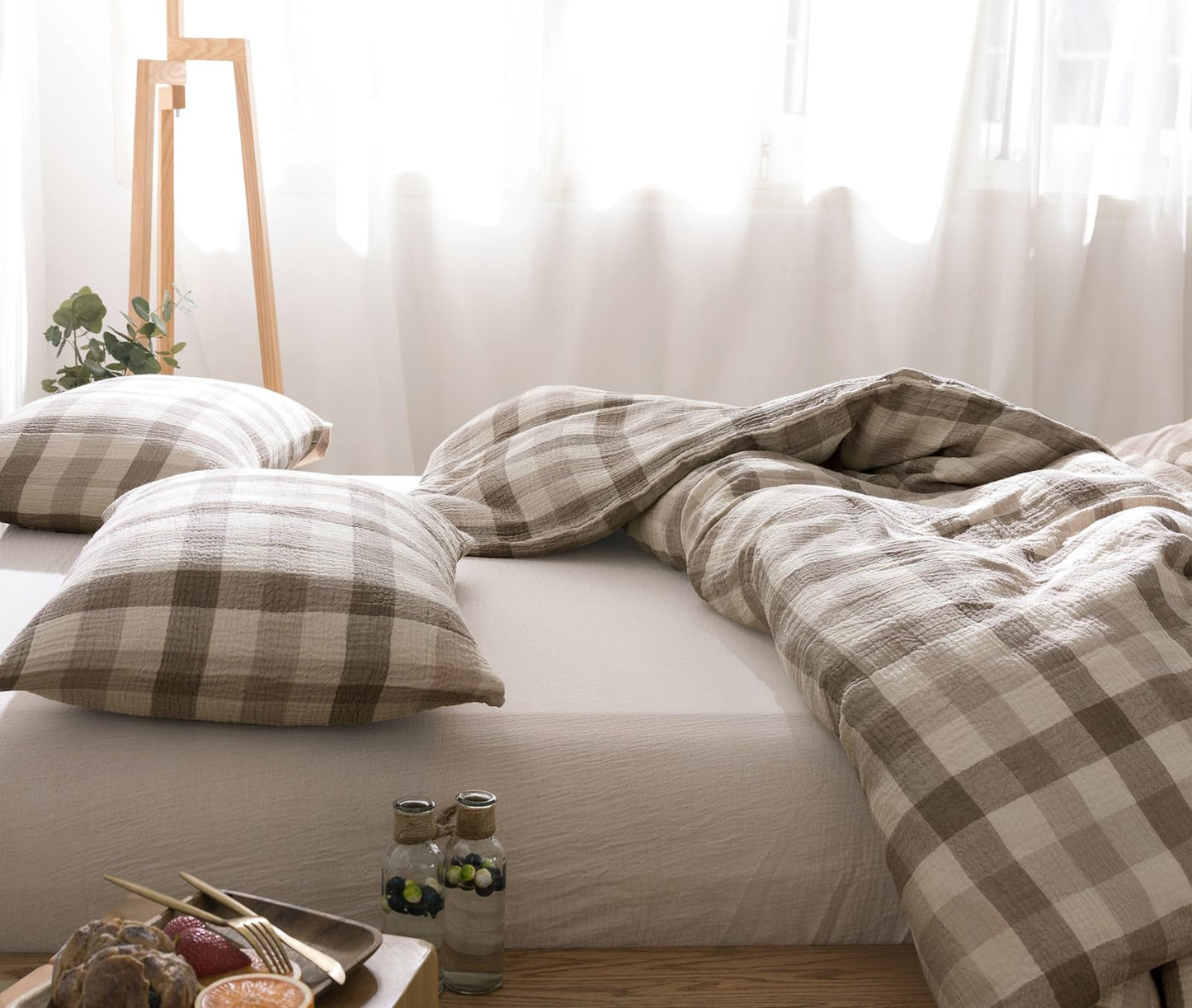 VM VOUGEMARKET Beige Grey Gingham Duvet Cover Queen Muslin Cotton Plaid Bedding Set Soft Breathable Linen Like Gauze Comforter Cover with Zipper Closure for Teen Men-3 Pieces,90"x90"