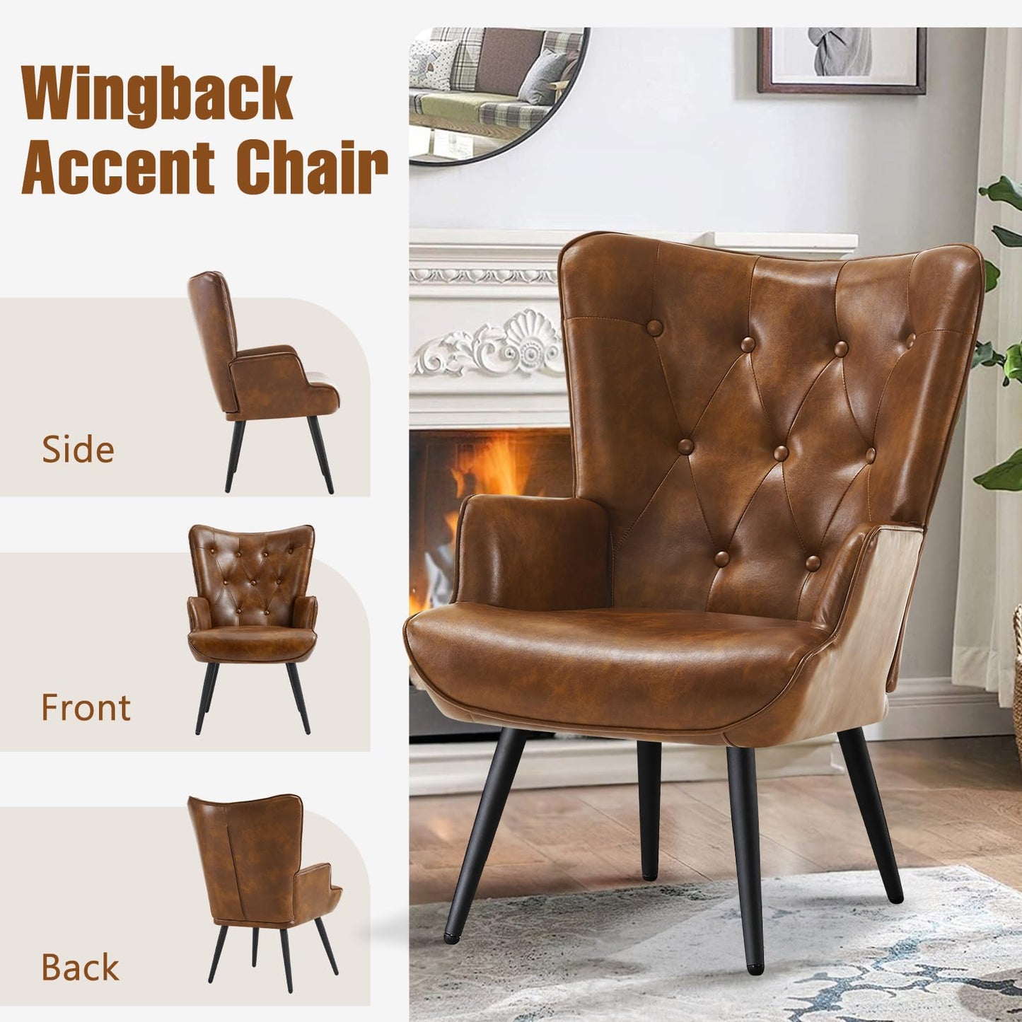 Furniliving PU Leather Accent Chair for Living Room, Upholstered Reading Chair with High Backrest, Tufted-Button Wingback Armchair for Bedroom, Dressing Room, Home Office, Brown, Set of 2