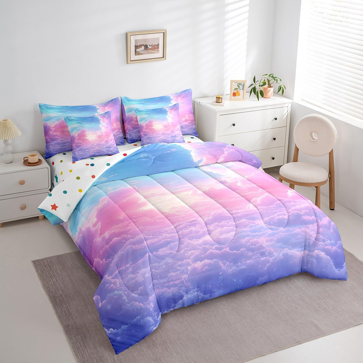 Cloud Sky 7 Pieces Bedding Set Twin Size Kids Girls Rainbow Bed in a Bag with Comforter, Sheets, Pillowcases Cute Lightweight Bed Set Breathable Ombre Starry Sky Room Decor Comforter Set with Sheets