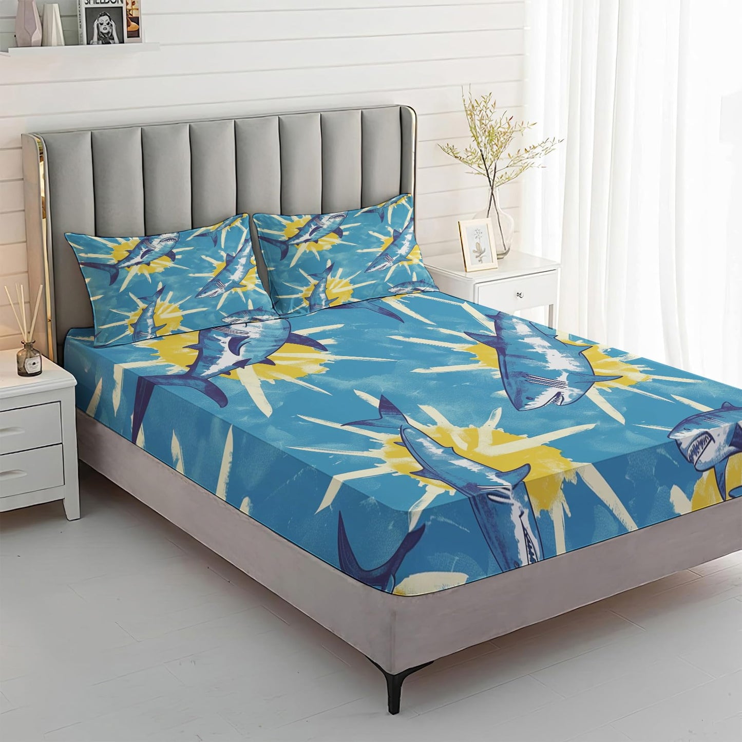 Rejkxyw King Size Sheets Set Blue Shark - Cartoon Sea Life Bed Sheets - Kids Boys Sheet Set - 12 Inch Deep Pocket - Ultra Soft Winkle Free Microfiber Bedding Sheets & Pillowcases 4 Piece