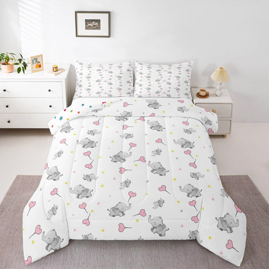 Erosebridal Lovely Elephant Comforter Set for Kids Girls Boys Teens Bedroom,Love Heart Down Comforter for All Season, Kawaii Animal Bedding Set, Cartoon Style Triangle Quilt Full Size