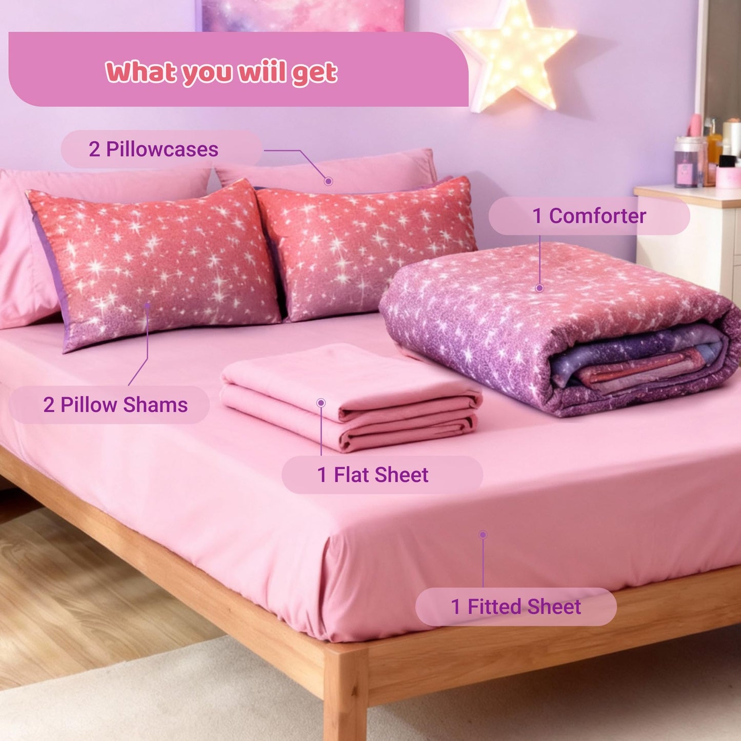 Kaleido Space Twin Comforter Set for Girls, Kids - 5 Pieces Purple Galaxy Patterns Twin Bedding Sets for Girls Boys Teen, Soft Cozy Bed in A Bag with Sheets