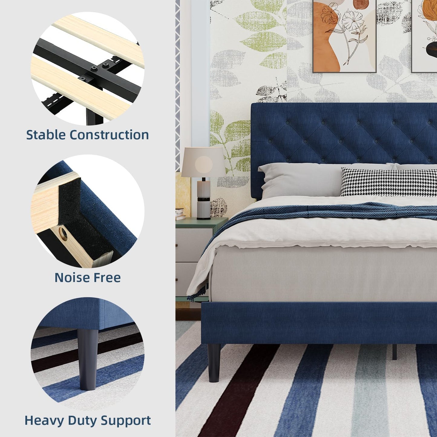 BarnFurin Queen Size Bed Frame with Headboard, Linen Upholstered Platform Bed with Button Tufted Design, No Box Spring Required, Easy Assembly, Navy Blue