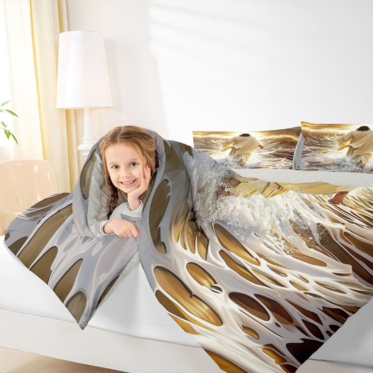 Manfei God Walking on Water Girls Bedding Set Twin Size,Bible Verse Western Faith Comforter Set,Golden Ocean Divine Light Quilt Comforter Girls Boys Teens,Golden Room Decor All Season,1 Pillowcase