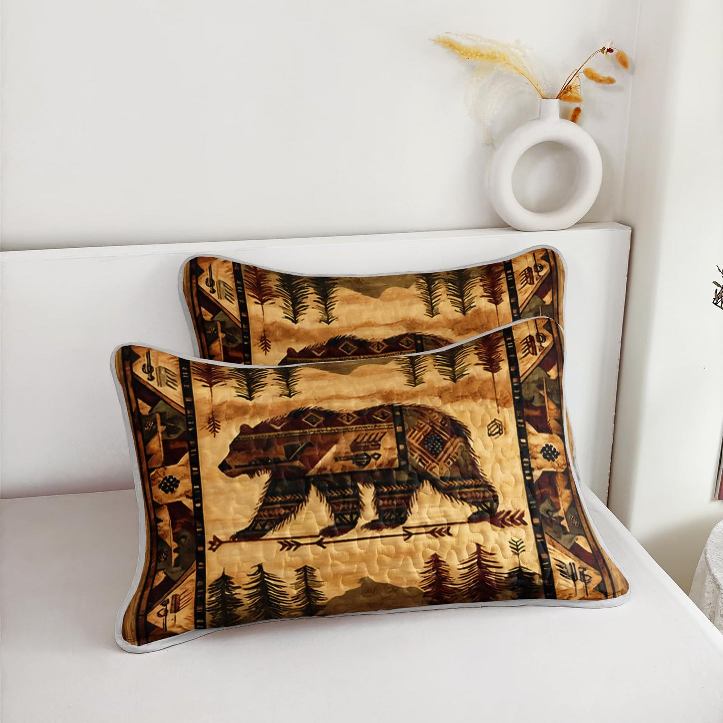 UEVBF Rustic Cabin Brown Bear Quilts Set Queen Size,3Pcs Retro Mountains and Arrows Bedspread for Hunting Themed Room Decor,Ethnic Country Style Bedding Sets with 2 Pillowcases.