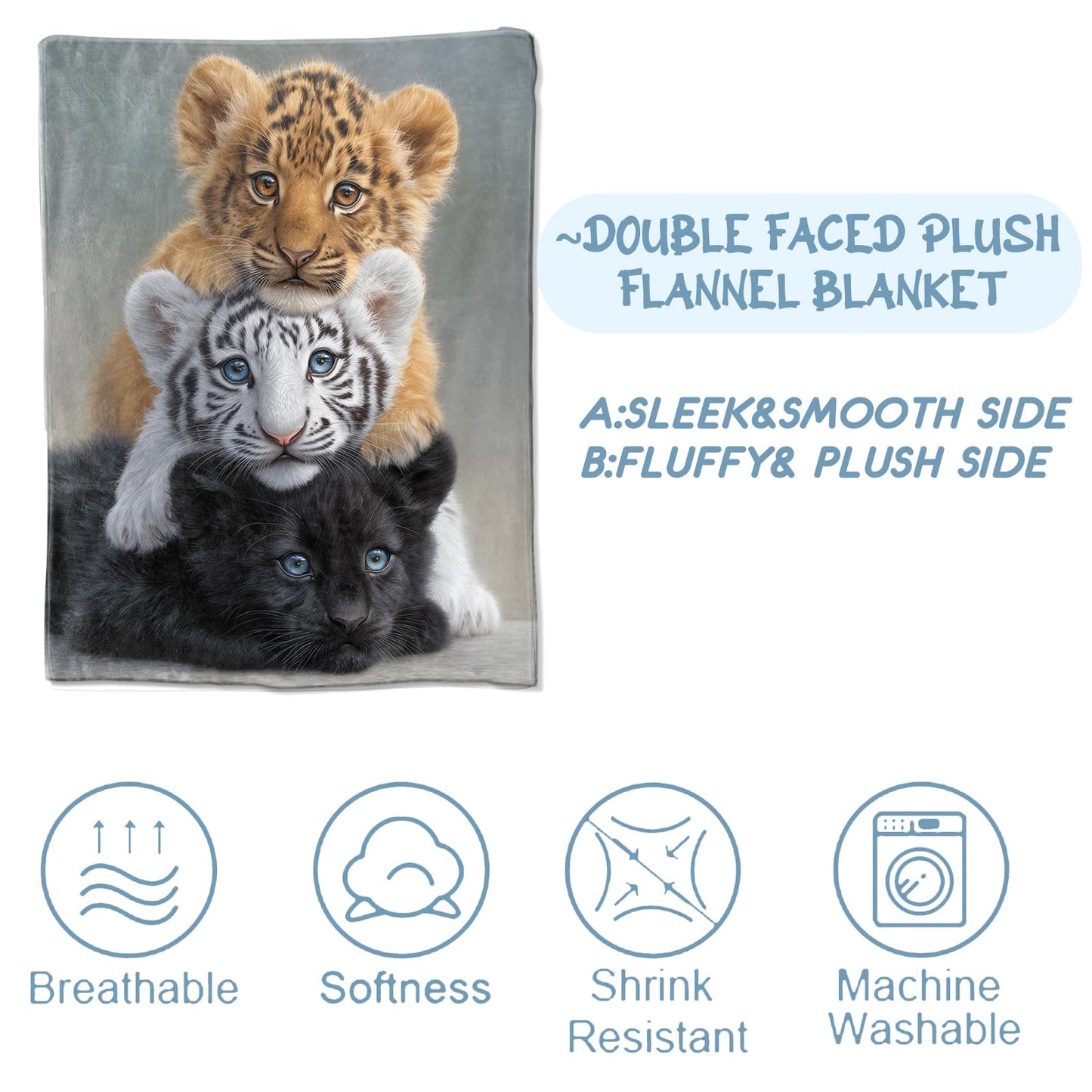 Zeleda Cute Wildlife Flannel Blanket, Soft Cozy Throw with Tiger Lion Leopard, Realistic Animal Home Bedroom Decor and Gifts for Kids Girls Boys, Lightweight Blankets for All Seasons, 50x60 Inch