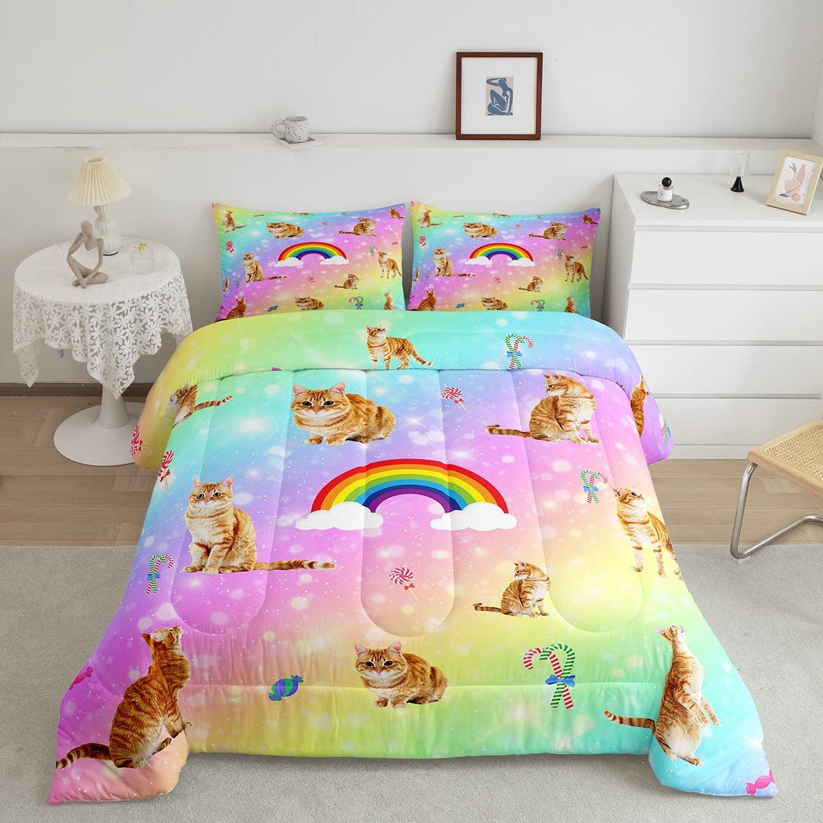 Erosebridal Cat Comforter Set, Starry Sky Bedding Set Twin for Girls Kids Boys Bedroom Decor, Rainbow Galaxy Down Comforter, Soft Breathable Microfiber Quilted Comforter with 1 Matching Pillowcase