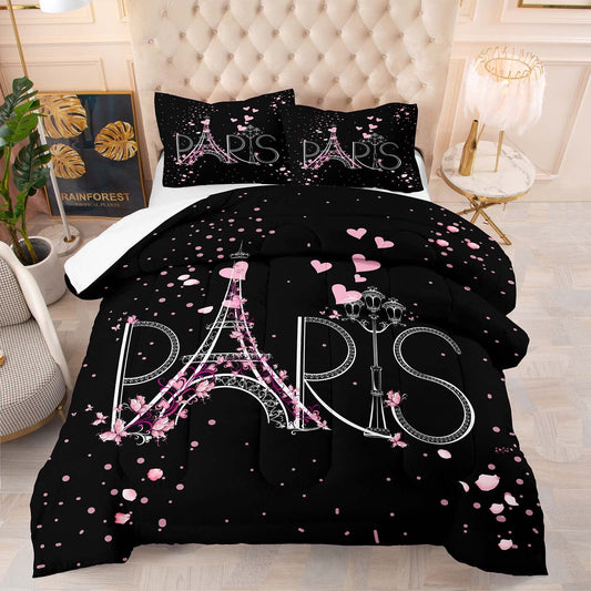 HAOHAY Eiffel Tower Comforter Set - Chic Paris Bedding Set with Romantic Theme - Black Pink Bedroom Decor - Modern French Style Comforter Set - Full Size with 2 Pillow Cases
