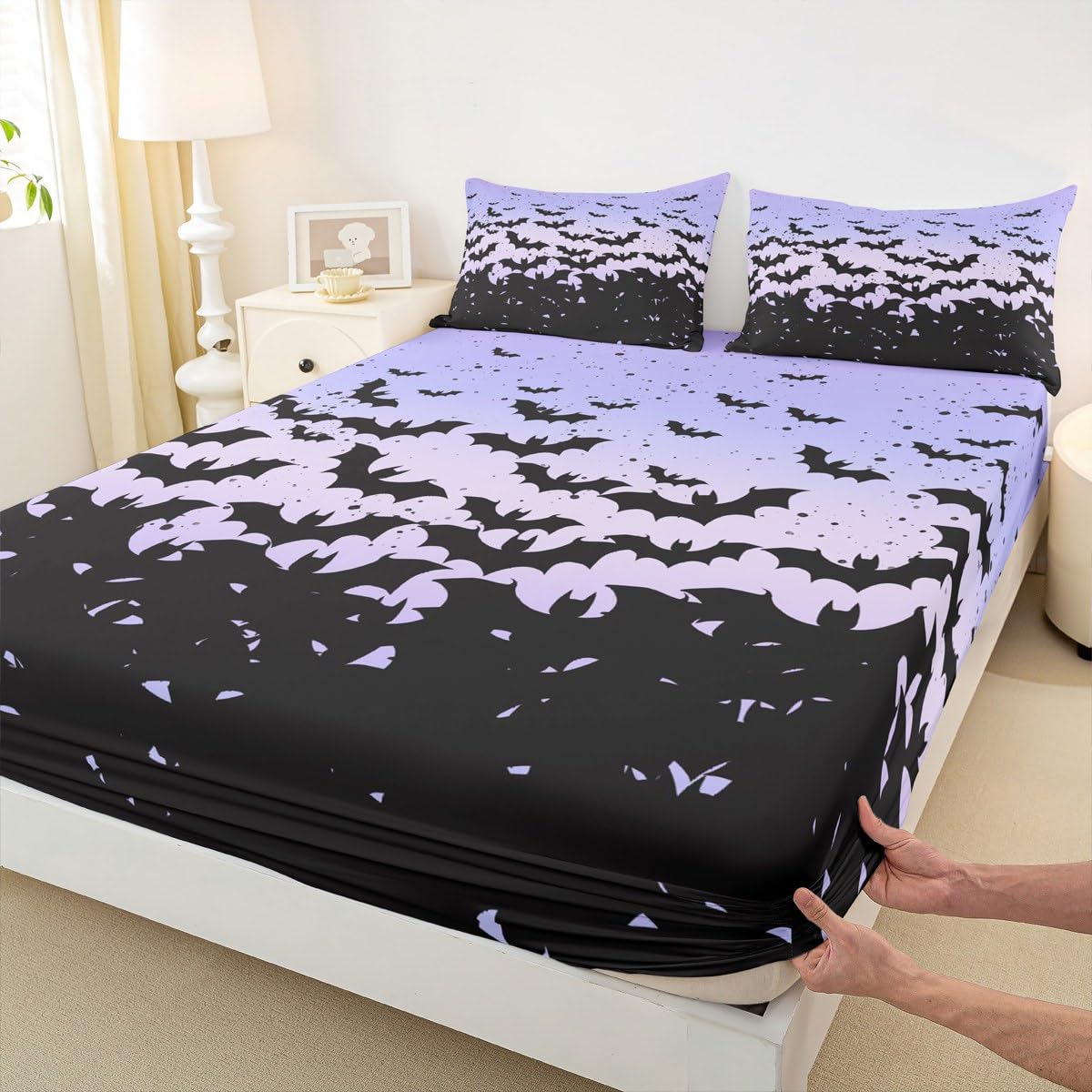 Happy Halloween Kids Sheet Full Size,Black Bats Gothic Chic Bedding Set,Boys Girls Adults Room Decor,Blue Purple Ombre Romantic Simple Style Bed Sheet Set 4pcs(Fitted + Flat + 2 Pillowcases)