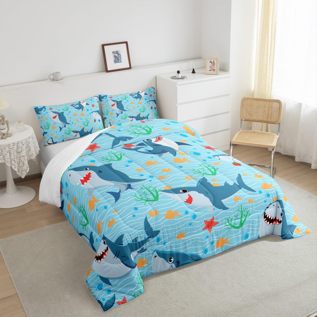 Cute Shark Comforter Set Twin Size,Fish Coral Bedding Set 2pcs for Kids Teens Boys Girls Room Decor,Mysterious Under Sea Animals Plants Themed Quilt Set Cartoon Blue Duvet Insert with 1 Pillowcase