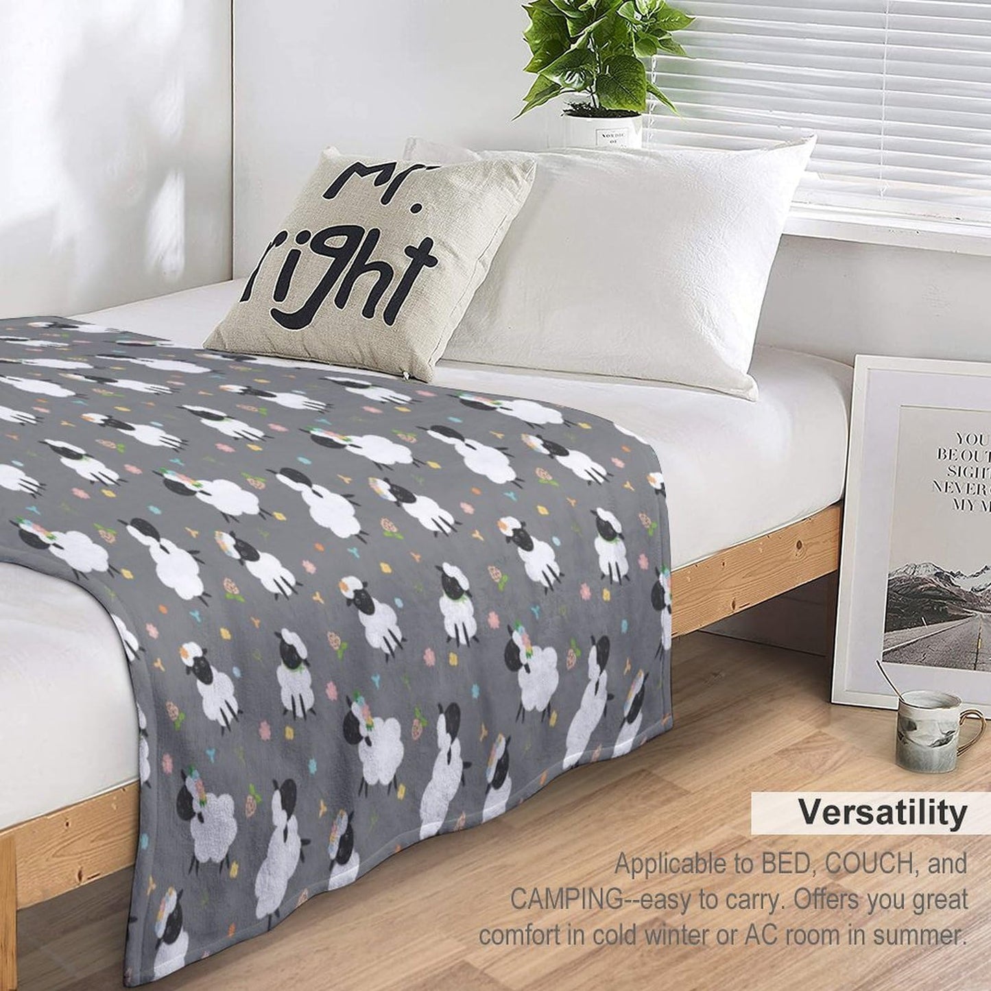 Cute Black Sheep Blanket Colorful Flower Cartoon Sheep Gray Soft Cozy Lightweight Throw Blanket for Children Girls Boys Bedroom Living Room Dorm Chair Sofa Travel 40x50in