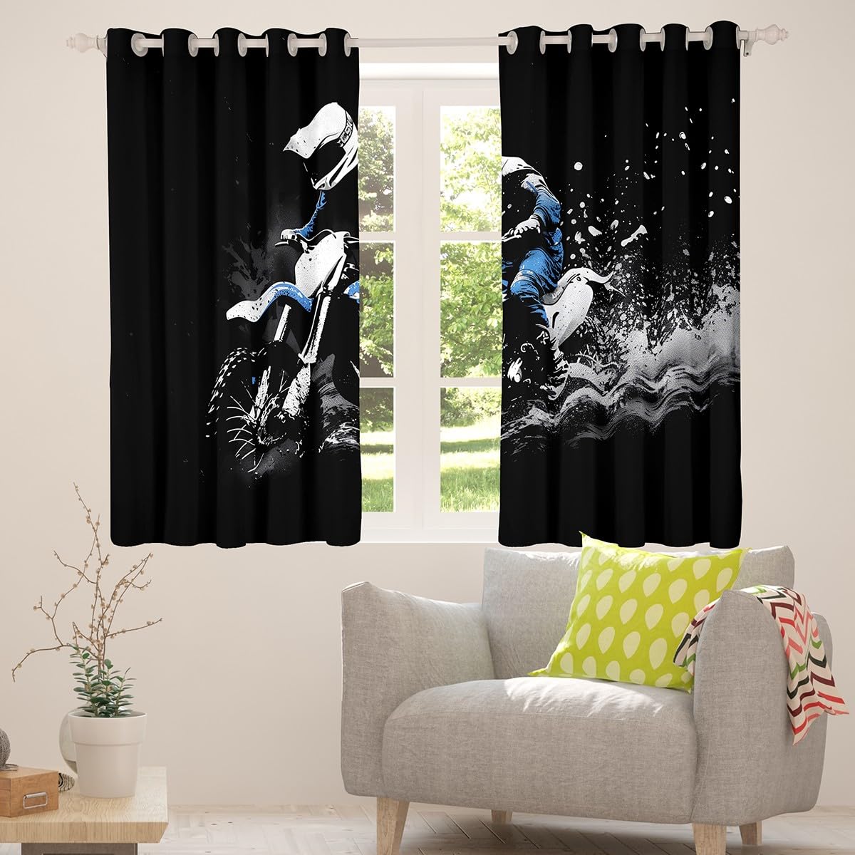 Feelyou Dirt Bike Curtains for Bedroom Living Room (2 Panels, 38 x 45 Inch) Racing Themed Room Blackout Curtain Racing Motocross Rider Blackout Curtains Motorcycle Window Treatments Motorbike