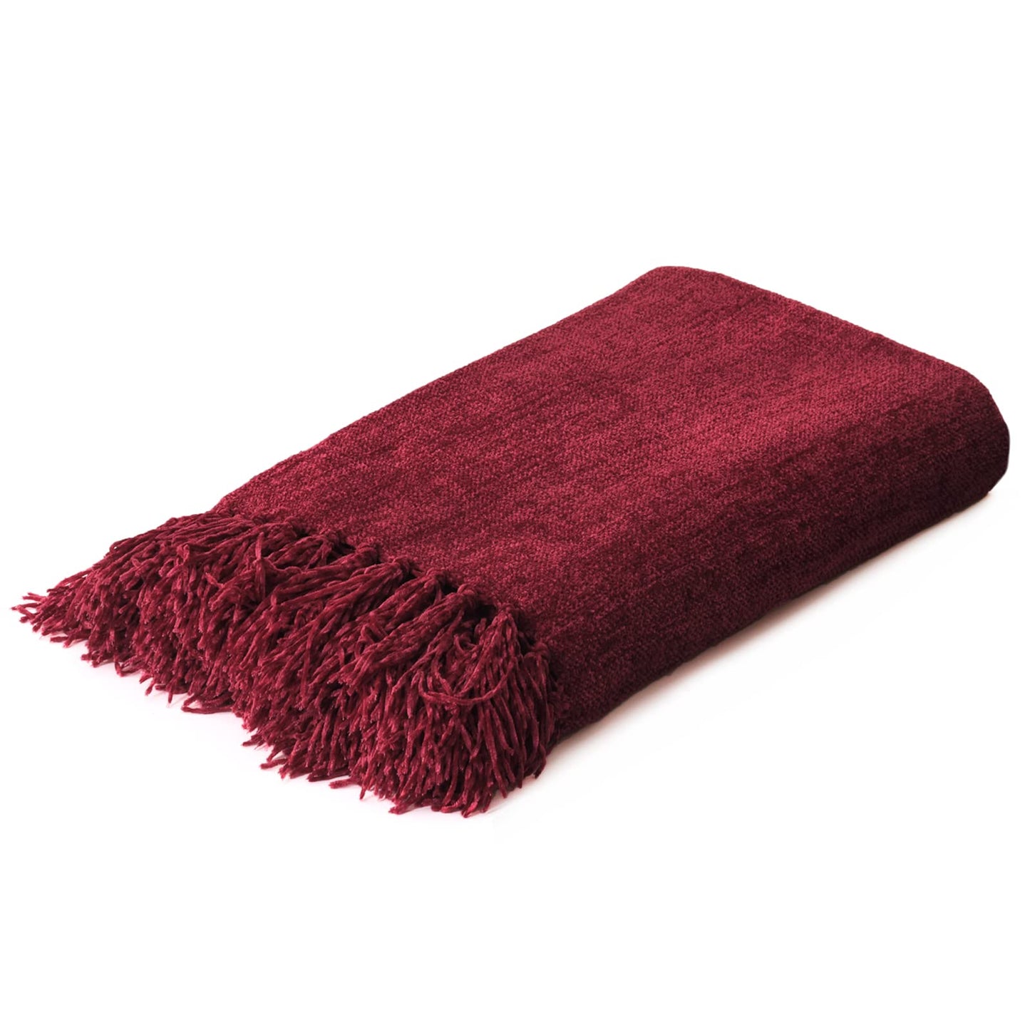Yoenillo Burgundy Red Chenille Throw Blanket for Couch Bed，Soft Cozy Throw Blanket with Handmade Fringe, Decorative Blanket for Sofa Chair Living Room for Gift, (Burgundy Red)