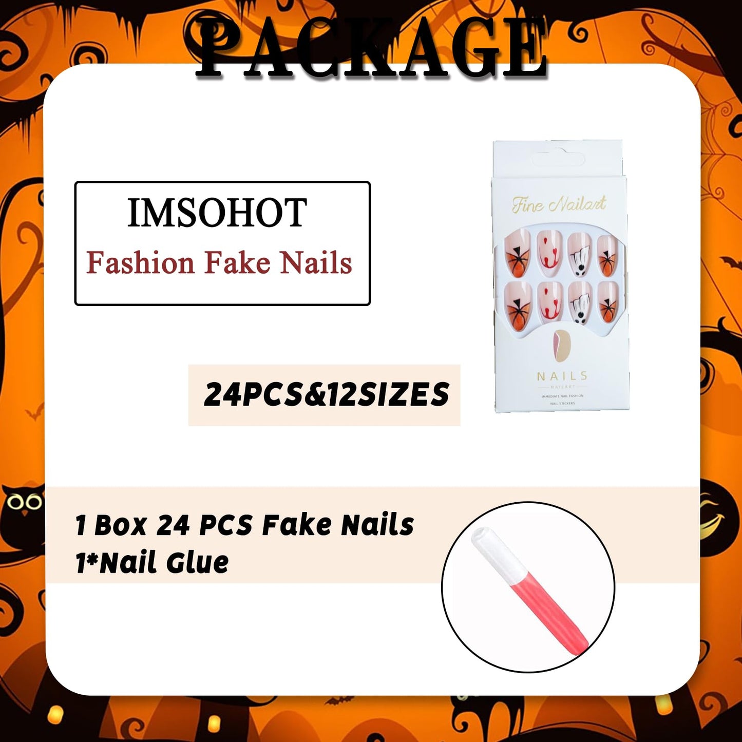 IMSOHOT Halloween Press on Nails Medium Almond Fake Nails Acrylic French Tip False Nails with Ghost, Pumpkin Designs Glossy Full Cover Cute Artificial Glue Stick on Nails 24Pcs
