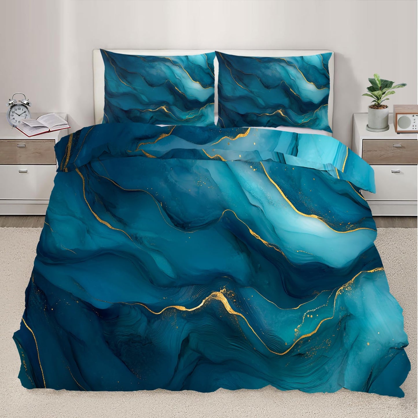 PAISUOQ Marble Bedding, Blue Marble Duvet Cover Full, Wave Texture Comforter Cover with Zipper Ties, 3 Pieces with 2 Pillowcases, Home Decor & Gifts