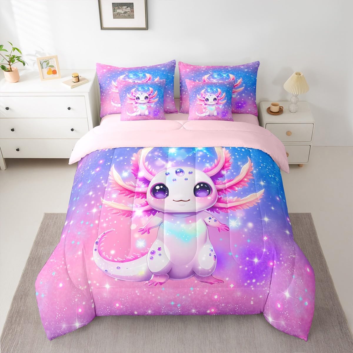 Erosebridal Kids Rainbow Axolotl Queen Comforter Set Teen Girl Cute Axolotl Bed in a Bag with Flat and Fitted Sheet Kawaii Coastal Ocean Animal 7-Piece Bedding Set Colorful Salamander Quilt Duvet Sets