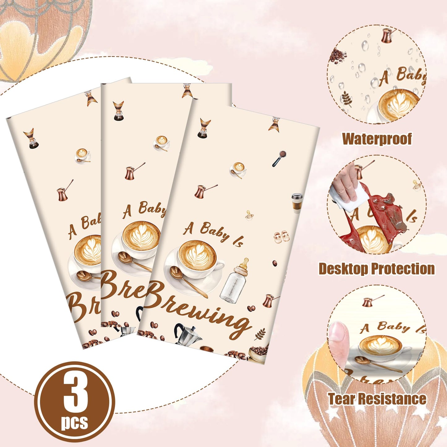 Lianxuia 3Pcs Coffee Baby Shower Plastic Tablecloth, 54 x 108 Inch A Baby is Brewing Table Cover, Disposable Coffee Themed Party Table Cloth for Gender Reveal, Baby Shower Decorations