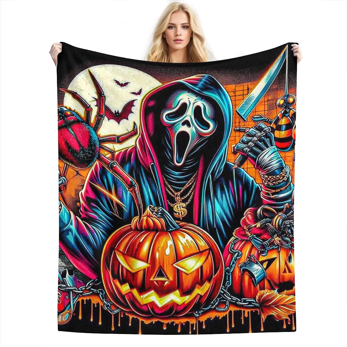 Halloween Ghostface with Pumpkins and Spiders Flannel Throw Blanket, 40"×50"（100 * 125cm Soft Anti-Pilling Fleece Blanket for Couch, Sofa, Bed, Lightweight and Breathable for Home, Office, Travel