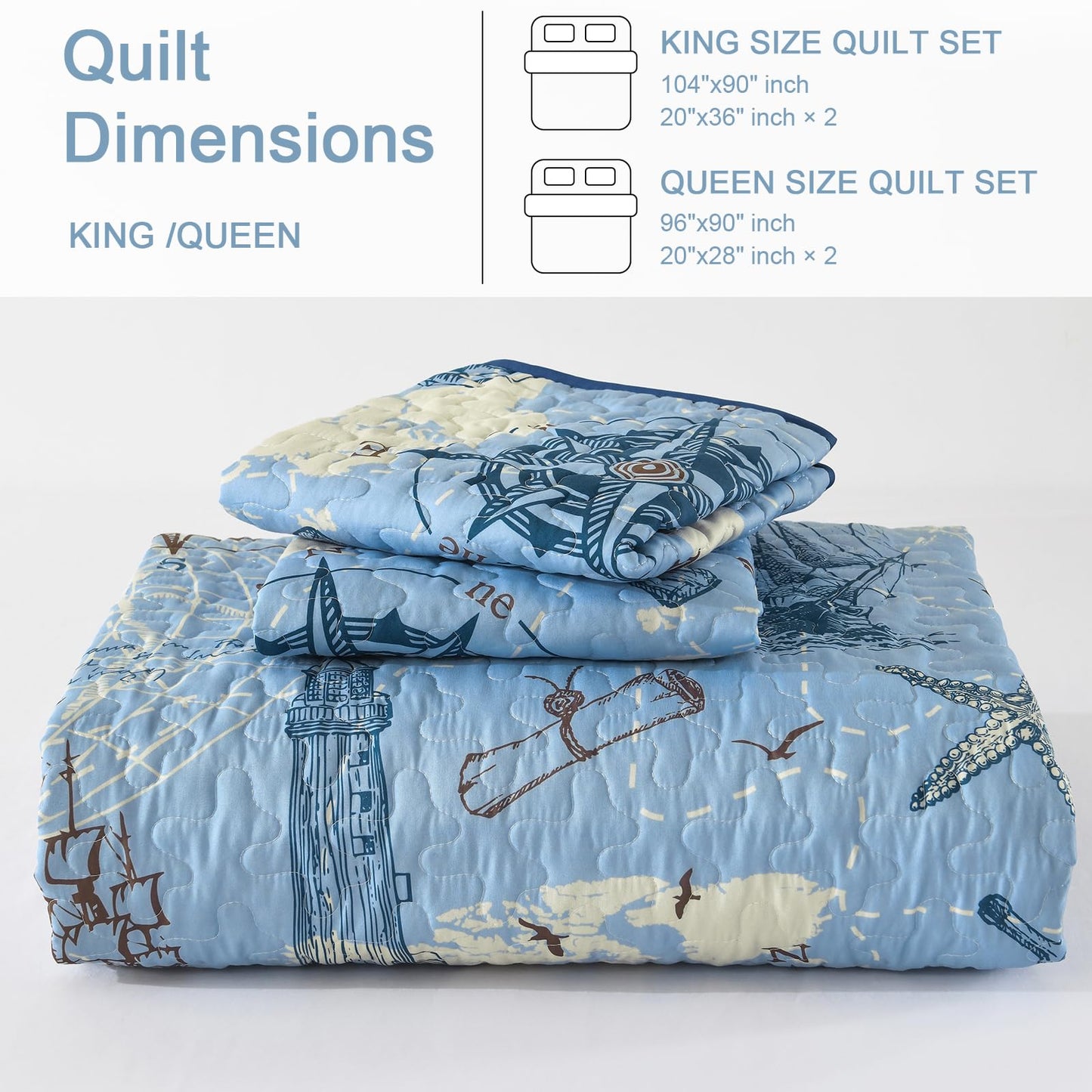 DJY Beach Quilt Set Queen Size,3 Piece Anchor and Sea Horse Coastal Ocean Bedspread Coverlet Set with 2 Pillow Cases Lightweight Soft Microfiber Bedding Set Thin Quilt for All Seasons (96"x90")