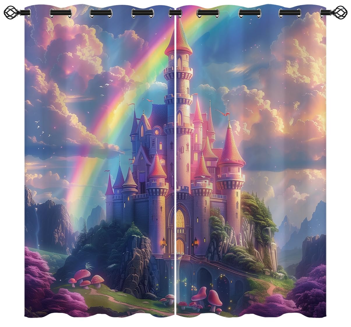 XINBADU Princess Castle Blackout Curtains for Girls Boy Home Decor, Rainbow Fairy Tale World Mushroom Grommet Thermal Insulated Drapes Darkening Window Curtain for Bedroom Living Room, 42 x 45 Inch