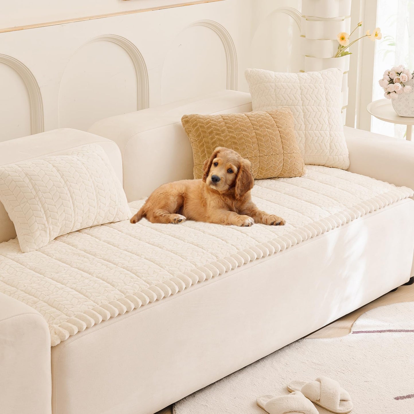 Mivnue Pet Couch Cover Protector Sofa Covers for Pets Washable Non Slip Couches and Sofas Dog Mat (Cream, 27.6" x 82.7")