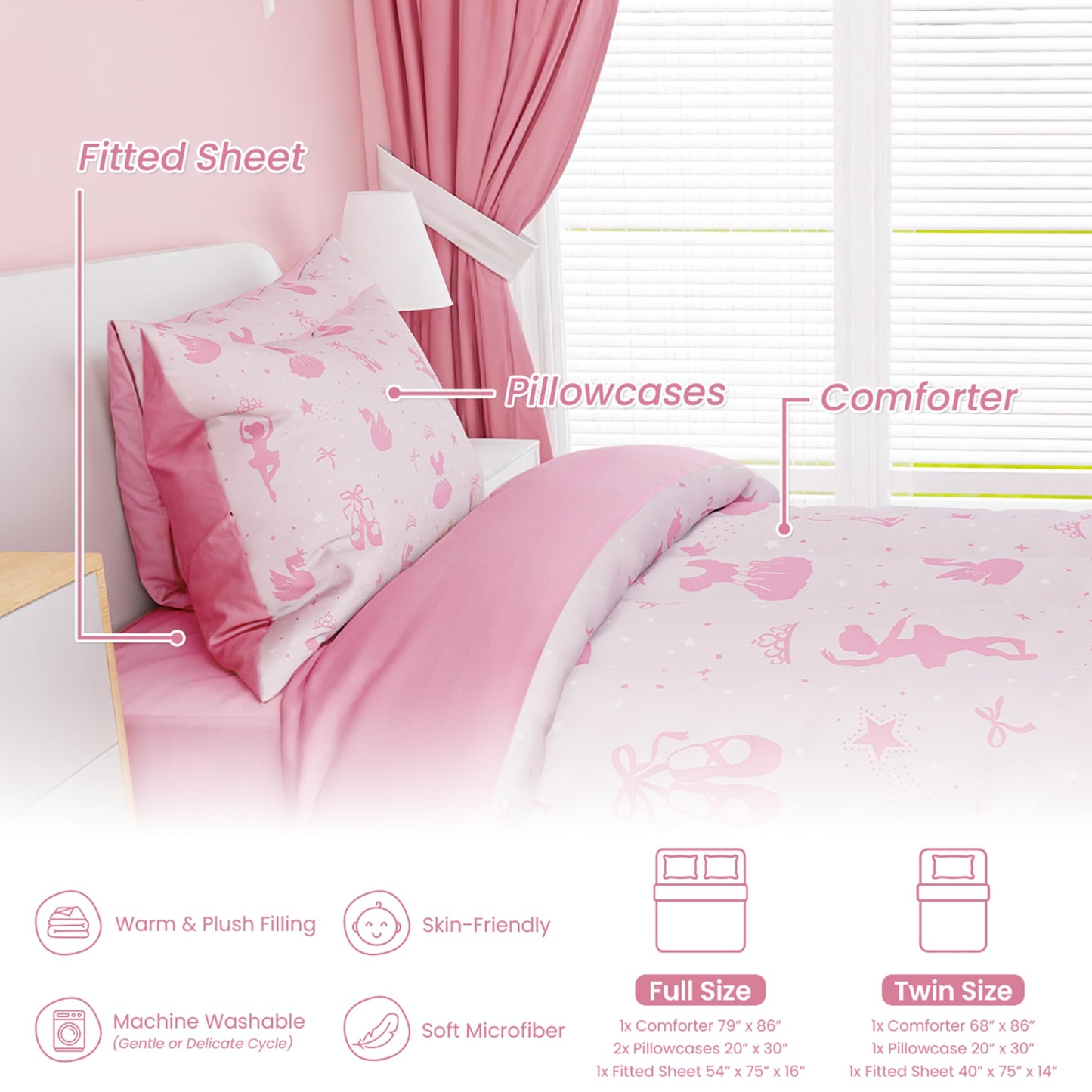 SANDJEST Ballerina Comforter Set Twin Size 68x86in for Kids Girls, Microfiber 3 Pcs Bedding Set Includes 1 Comforter, 1 Pillowcase, 1 Fitted Sheet, Nursery Room Decor