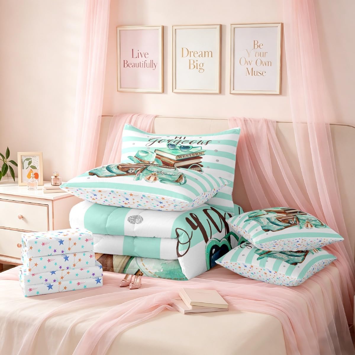 Feelyou Book Comforter Set with Sheets 7 Piece Full Size Green White Bed in a Bag Kids Boys Girls Perfume Bedding Set Stripes Bedroom Decor Western Decor Breathable Soft Lightweight Microfiber