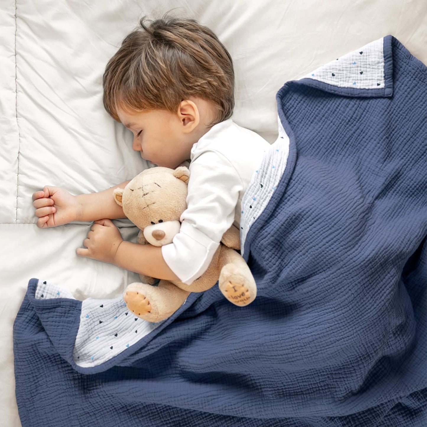 lulumoon Muslin Baby Blanket for Boys: Soft Cotton Toddler Blanket for Daycare - Reversible Lightweight Crib Bedding for Stroller & Travel 47"x47"(Blue)