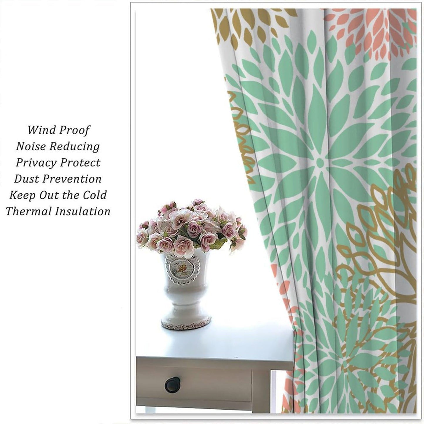 Pink Floral Curtains, Boho Dahlia Chrisanthemum Flowers Bright Colorful Window Treatments for Living Room Bedroom Kitchen, Floral Seamless Pattern Drapes 2 Panel Sets,42x45 Inch