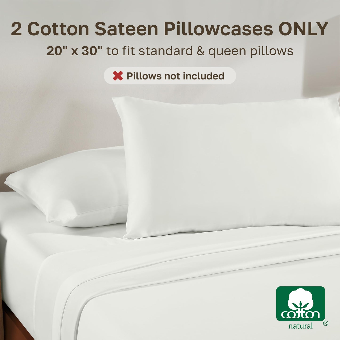 California Design Den 100% Cotton Pillowcases Queen, Standard/Queen Size Pillowcases - Set of 2 Soft Sateen Weave Cases, Fits Queen and Standard Size Pillows - Ivory (Eggshell)