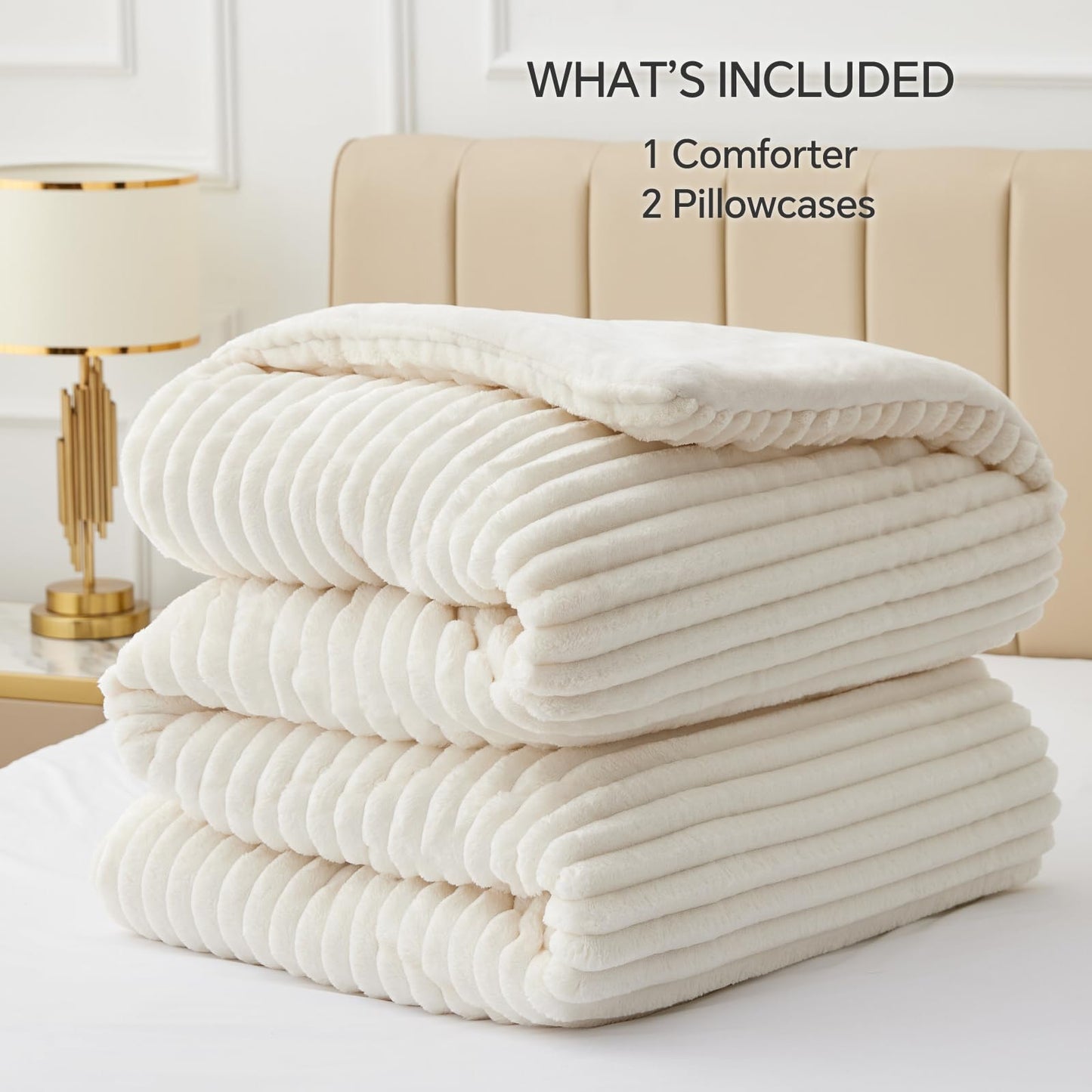 BEDELITE Fleece Queen Comforter Set -Super Soft & Warm Fluffy Cream White Bedding, Luxury Fuzzy Heavy Bed Set for All Season with 2 Pillow Cases