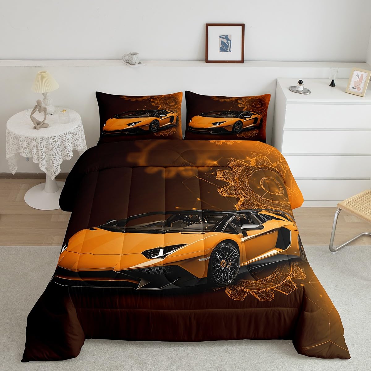 jejeloiu Speed Sports Car Comforter Set All Season Automobile Bedding Set with 1 Pillow Cases Ndustrial Gear Microfiber Kids Twin Bedclothes Bedroom Decor Duvet Quilt Breathable Soft Lightweight