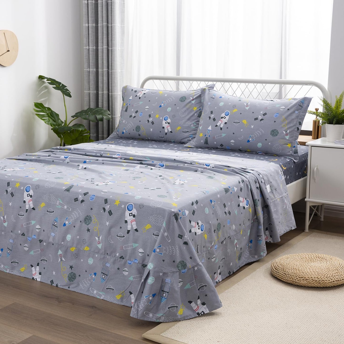 Brandream Kids Bedding Sets Full Size Astronaut Space Galaxy Boys Bed Sheet Set Deep Pockets Grey Bed Sheets Pillow Cases Set 100% Cotton 4-Piece