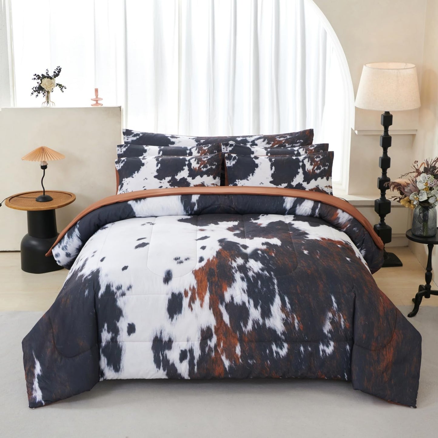 SUCSES Cow Print Comforter Sets Full Size 8 Pieces Brown Bedding Set Farmhourse Western Rustic Bed Set Black and White Bed in A Bag with Flat Fitted Sheet