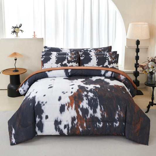 SUCSES Cow Print Comforter Sets Full Size 8 Pieces Brown Bedding Set Farmhourse Western Rustic Bed Set Black and White Bed in A Bag with Flat Fitted Sheet