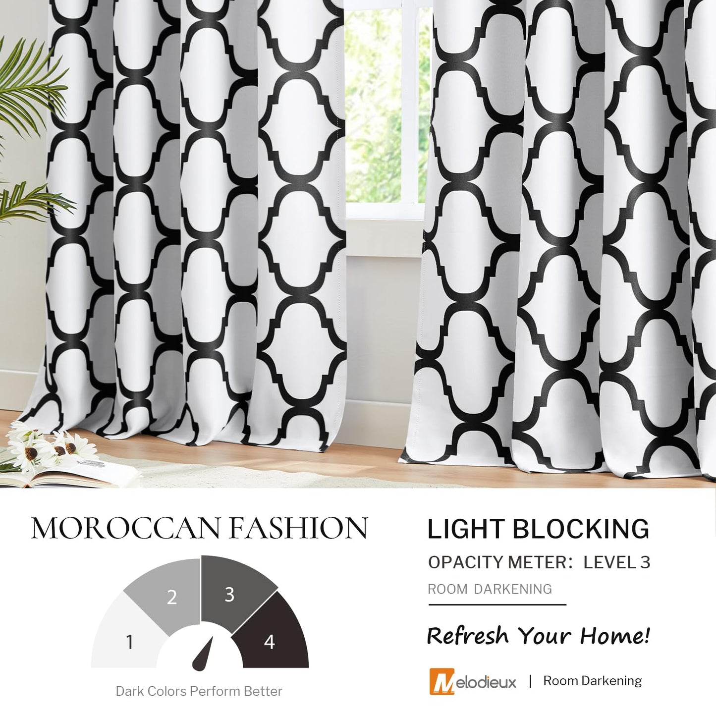 Melodieux Moroccan Printed Room Darkening Blackout Grommet Curtains for Living Room Bedroom, 52 by 84 Inch, Off White/Black (2 Panels)