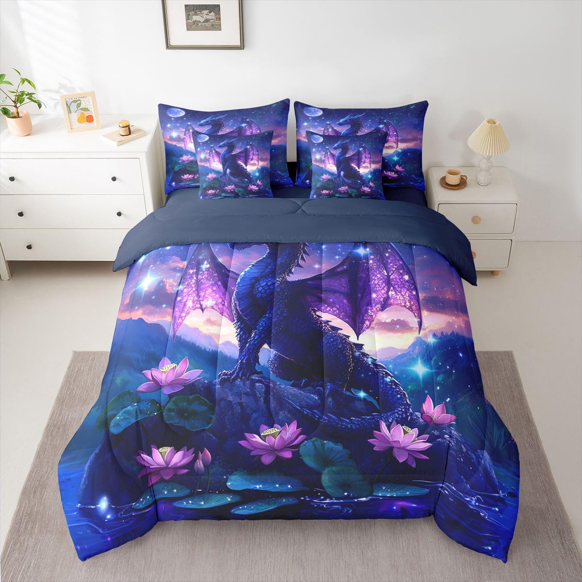 Feelyou Dragon Comforter Set with Sheets 7 Piece Twin Size Dragon Stuff Bed in a Bag Kids Boys Girls Wild Life Bedding Set Magic Wildlife Bedroom Decor Purplish Breathable Soft Lightweight Microfiber