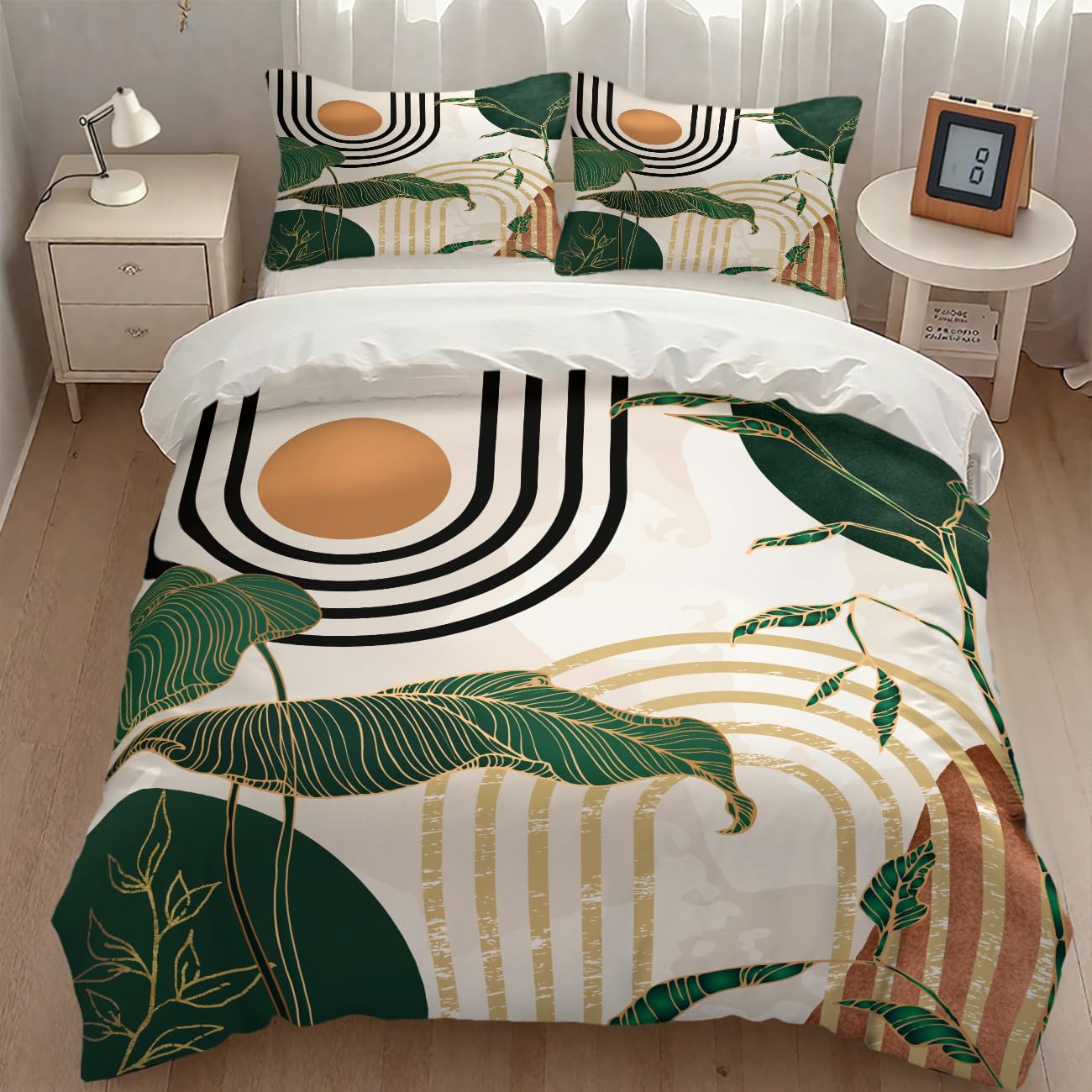 Lnepty Boho Leaf Bedding Set,Mid Century Green Tropical Plant Palm Leaves Abstract Minimalist Geometic Arch Modern Comforter Set with Pillowcase for Bedroom Bed Decor，Twin 86"x70"